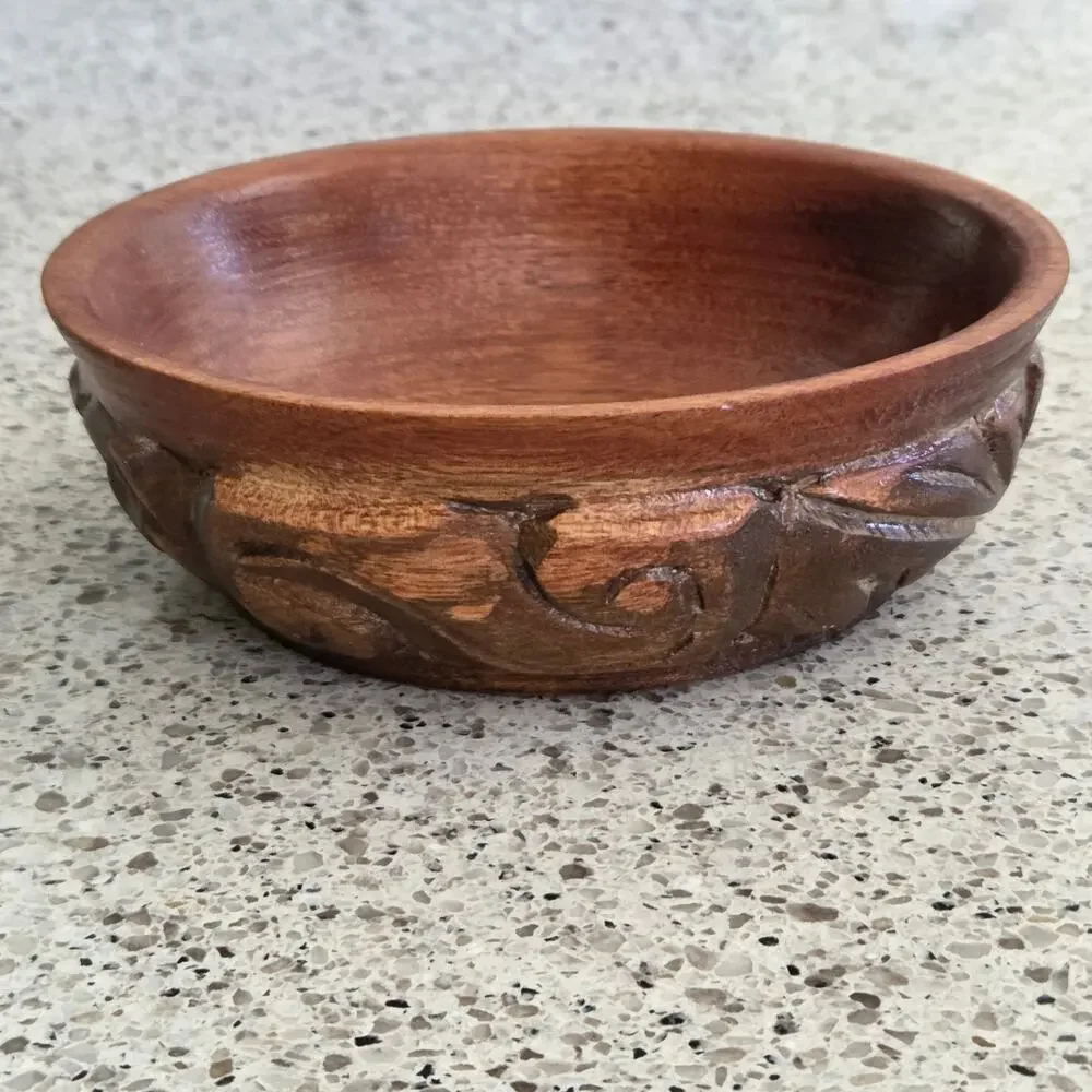 VTG Hand Carved Wooden Bowl Small Trinket Dish Handcrafted Design Honduras C.A.